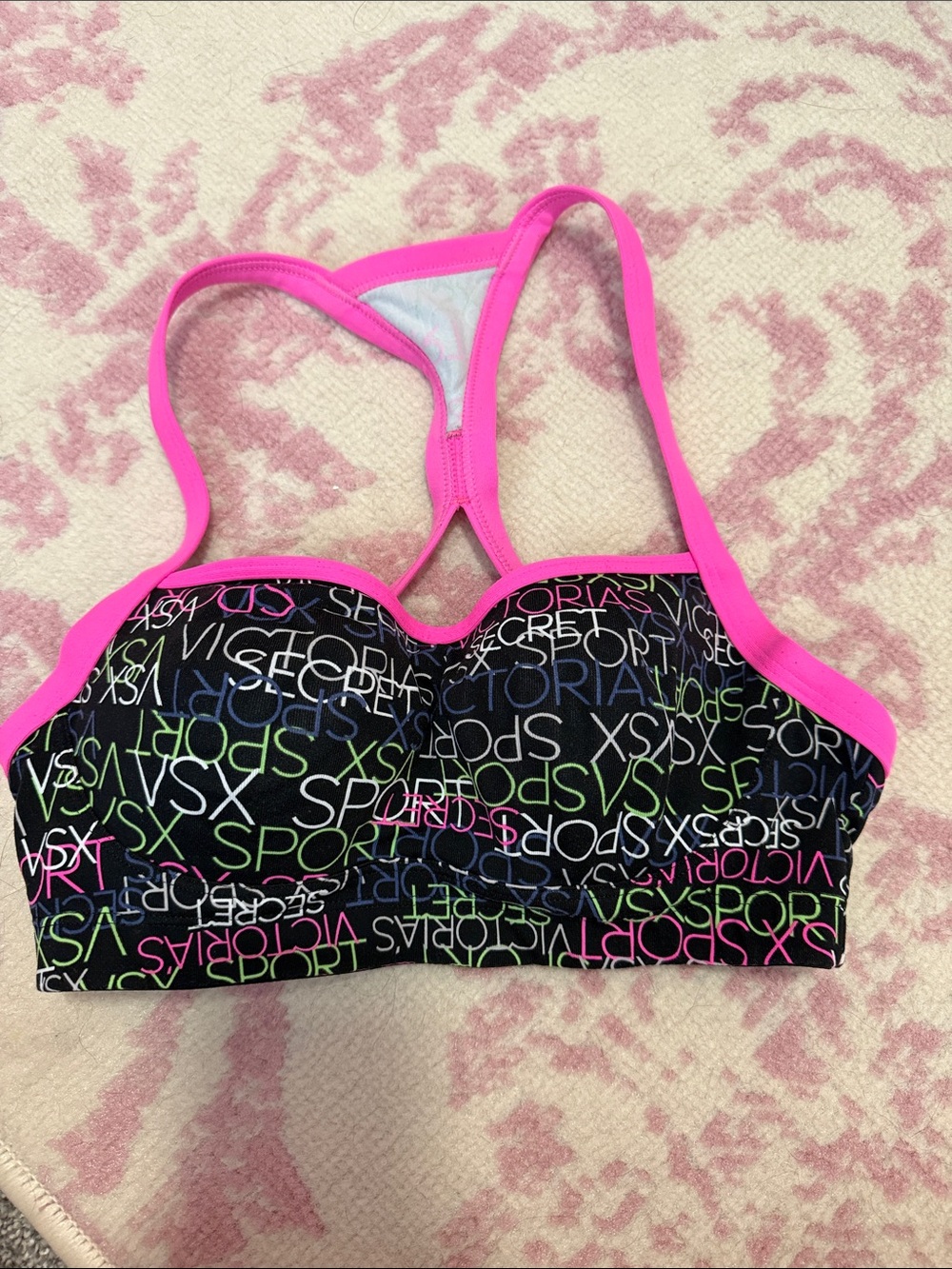 Victoria's Secret Black Sports Bra with Hot Pink Trim & Multicolor Logo